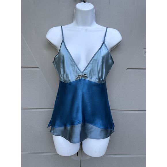 Gold Hawk silk camisole tank Color block Lightblue Teal Velvet Trim Y2K 90s Sz S - Picture 1 of 8
